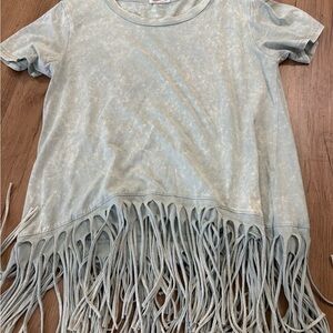 BiBi Short Sleeve Tee with Fringe in Soft Blue